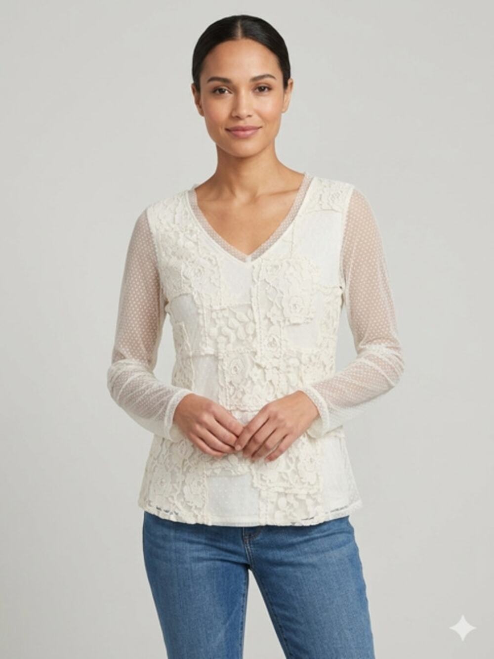Sundance Lace‎ Patchwork Blouse Small Cream Sheer Mesh Long Sleeve V-Neck Top